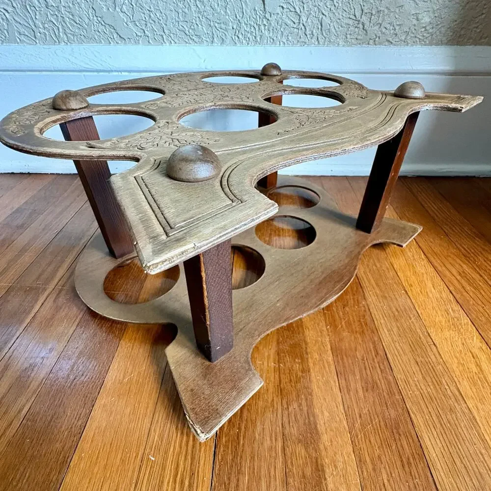 Vintage Carved Wood Wine Bottle Holder, Grape Motif Tabletop Wine Rack